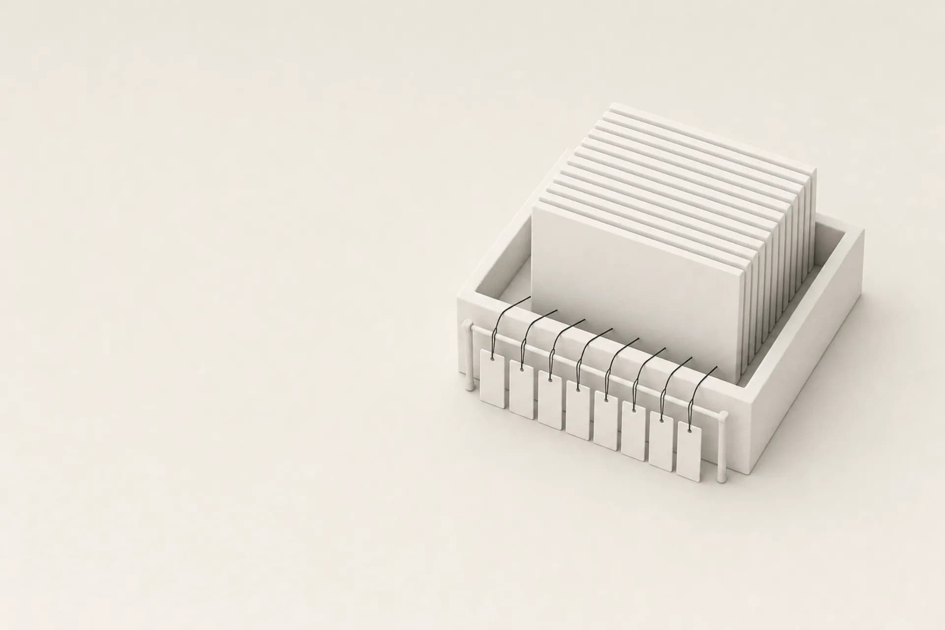 Clay model of the vault: a tray holding twelve share tablets, with eight call tags hanging from its rail, each tag tied by a thread to one tablet.